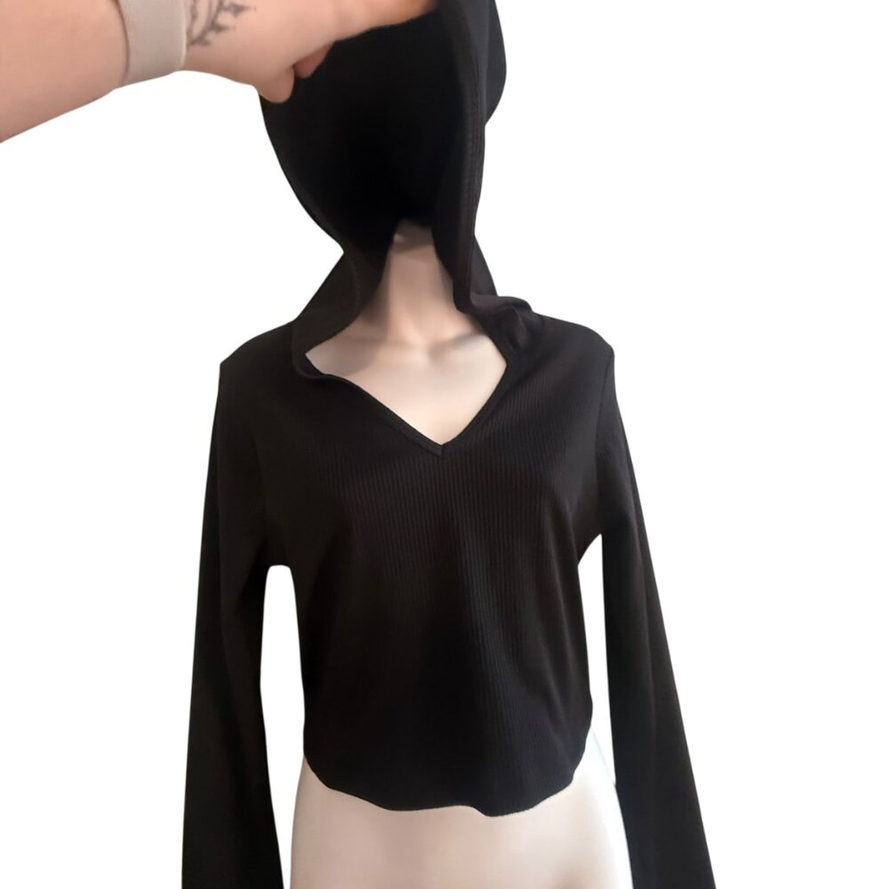Forever 21 Ribbed Black Cropped Hoodie Top | Size L | Excellent Condition - Picture 5 of 8